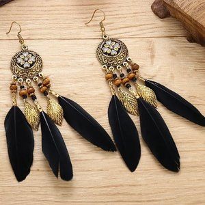 Bohemian Ethnic Beaded Feather Fringe Aged Gold & Black Drop Hook Earrings NEW